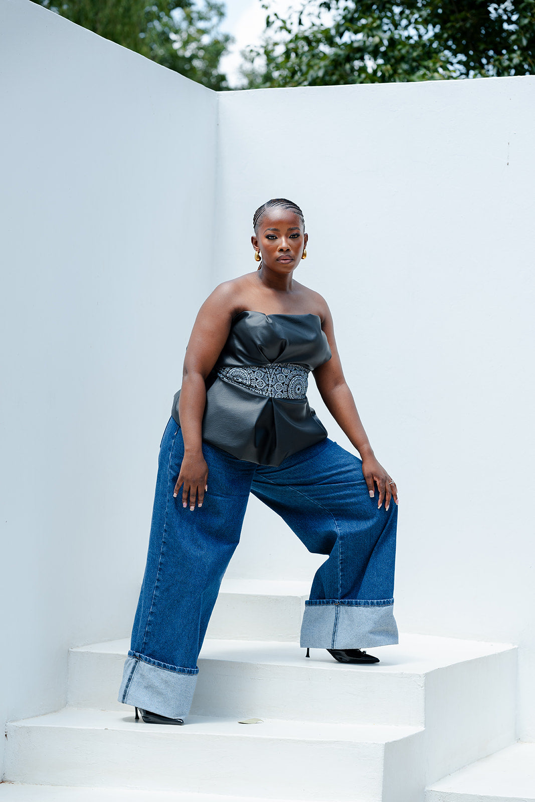Zola Leather Strapless Top with African Print Belt & Adjustable back.